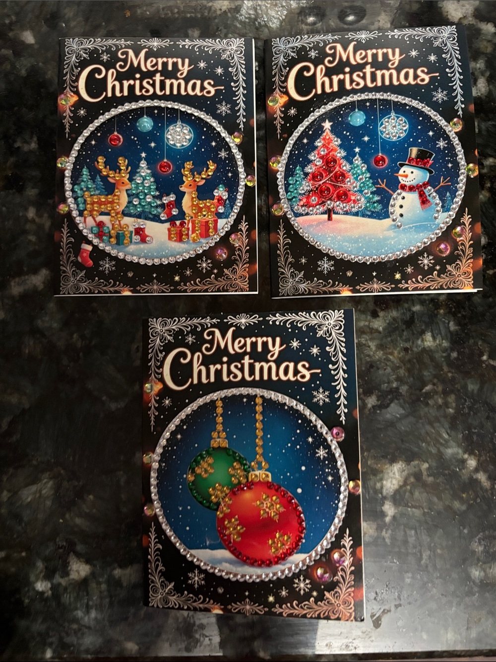Set of 3 Mini Merry Christmas Cards w/Sparkly Rhinestones